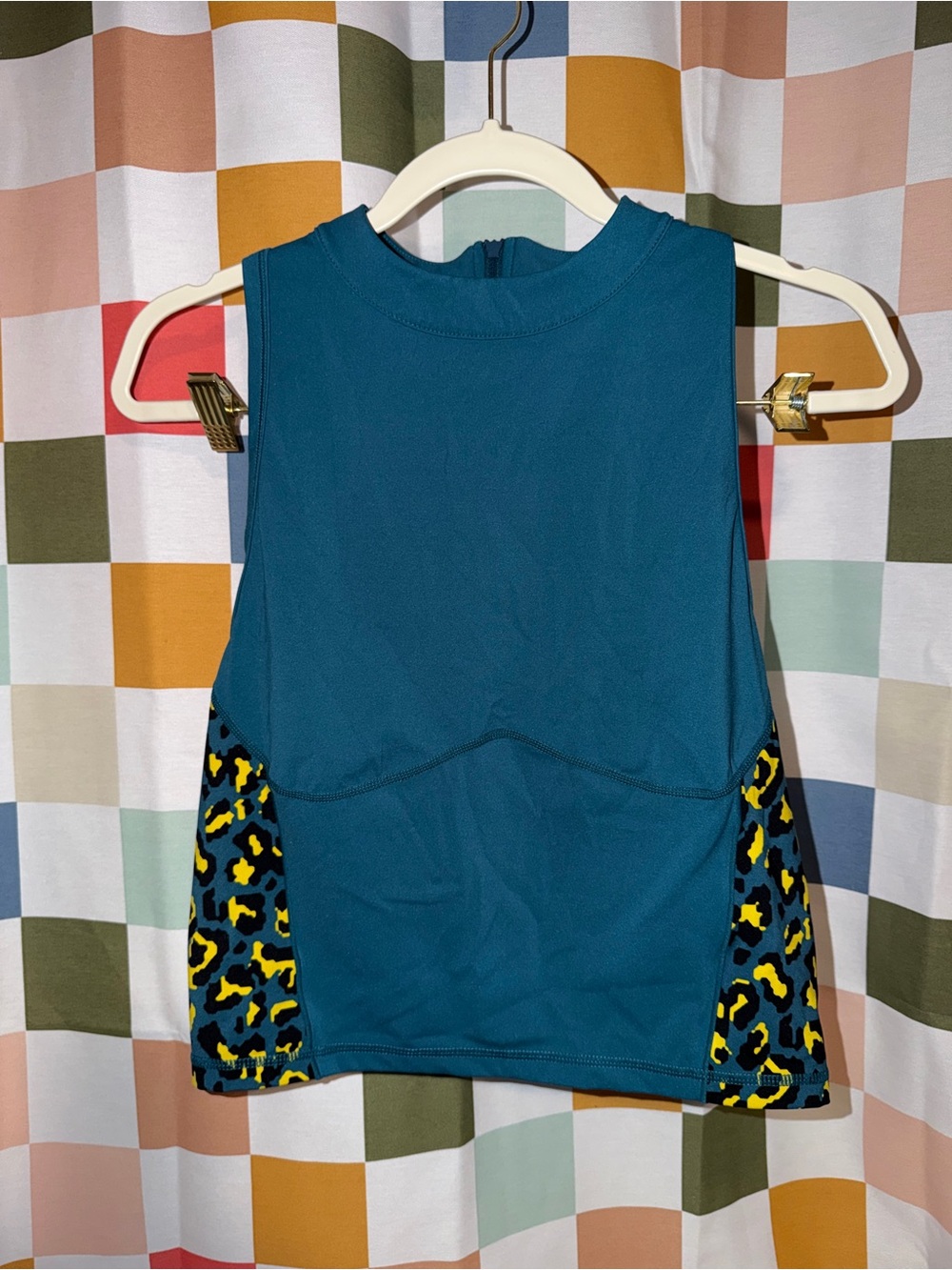 Sweaty Betty London Zip-Back Tank Top Teal Leopard Print Size L Activewear